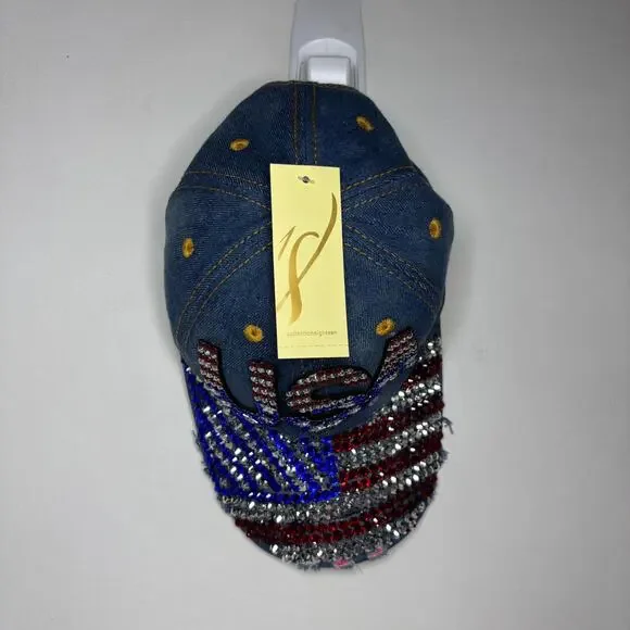 USA Denim Bedazzled Rhinestone American Flag Distressed Baseball Hat Cap NWT NEW - Picture 2 of 11